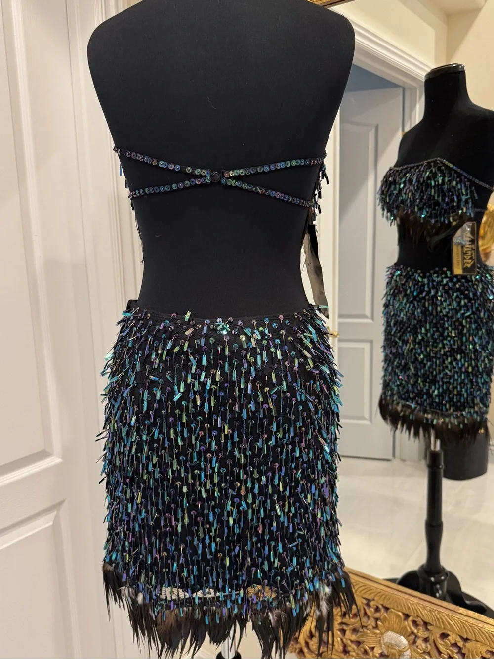 Hand beaded Sequin Fringe feathers Strapless top & Mini Skirt - Black iridescent